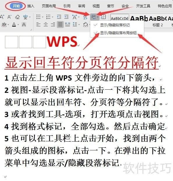 WPS怎样显示回车符、分页符等分隔符